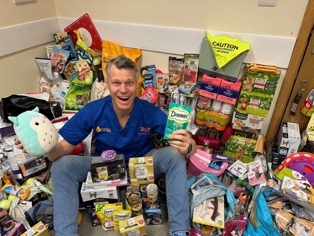 Charity 2024 1024x768 1 | A massive thank you! | A huge thank you to everyone who donated to our ‘Give a Pet a Christmas Dinner’ campaign this December. As you can see, we were literally bowled over by the amount of goodies you brought in to practice to support cats and dogs in local shelters waiting for their forever homes. We collected just shy of 600 tins and sachets of wet food, more than our Clinical Director Hamish’s weight in dry food, 66 packets of treats, 50 towels and blankets, 66 leads and harnesses and enough toys for 138 pets to have a gift each. That’s not to mention coats, pet accessories, bedding, bowls, bandanas, poo bags, puppy pads and more! | Wellcare World | WHO